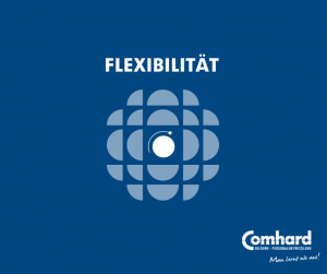 Das Wort Flexibilität auf blauem Hintergrund