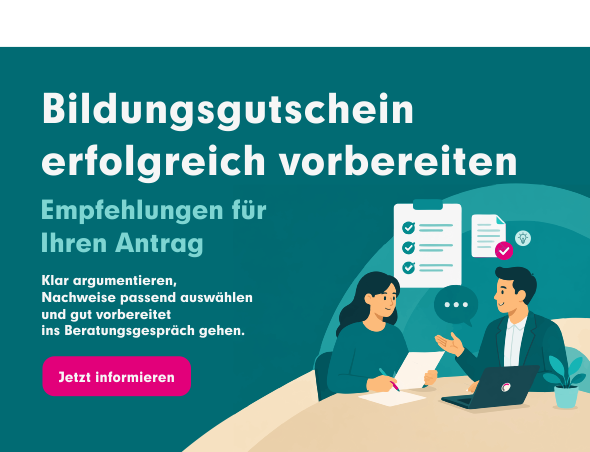 Banner zum Bildungsgutschein mit Beratungsszene und dem Hinweis, den Antrag mit klarer Argumentation und passenden Nachweisen erfolgreich vorzubereiten.