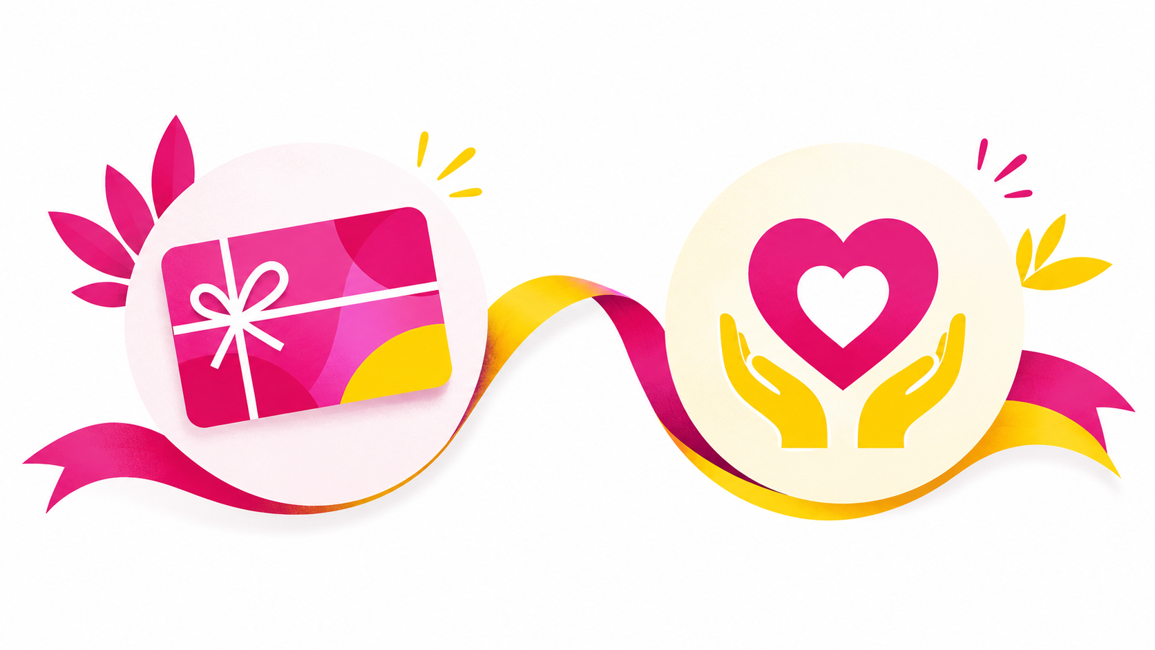 Illustration mit zwei runden Symbolen: links eine pinke Geschenkkarte mit Schleife, rechts ein pinkes Herz, das von gelben Händen getragen wird. Geschwungene Bänder und dekorative Blätter in Pink und Gelb verbinden die Motive.