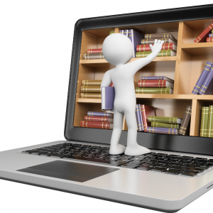 Grafik von einer Person, die Bücher in ein Bücherregal in einem Laptop legt.