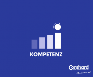 Das Leitword der Comhard GmbH "Kompetenz" auf einem blauen Hintergrund