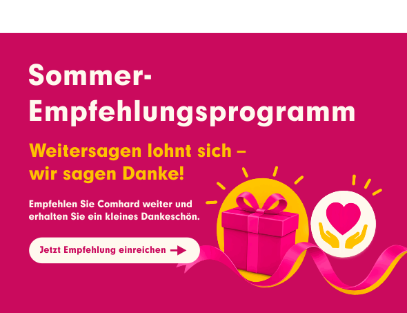 Banner zum Sommer-Empfehlungsprogramm von Comhard mit Geschenkbox und Herzsymbol: Empfehlung einreichen und ein kleines Dankeschön erhalten.