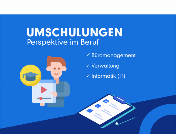 Grafik zu Umschulungen in den Bereichen Büromanagement, Verwaltung und Informatik.