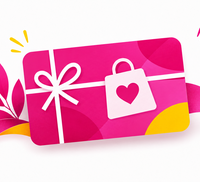 Pinke Geschenkkarte mit Schleife und Einkaufstasche, auf der ein Herz abgebildet ist, umgeben von dekorativen Elementen in Pink und Gelb.