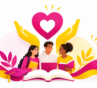 Drei junge Menschen lernen gemeinsam aus einem offenen Buch. Über ihnen schwebt ein Herz, das von gelben Händen getragen wird.